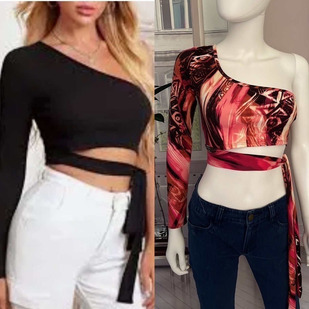 Timing One ShoulderLong Sleeved Side Tie Pink Print Crop Top. Size L. P325/A2397